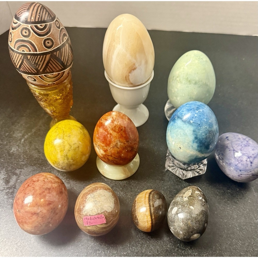 Vintage Polished Stone Gemstone Eggs Lot of 11 Heavy Solid Mineral Decor